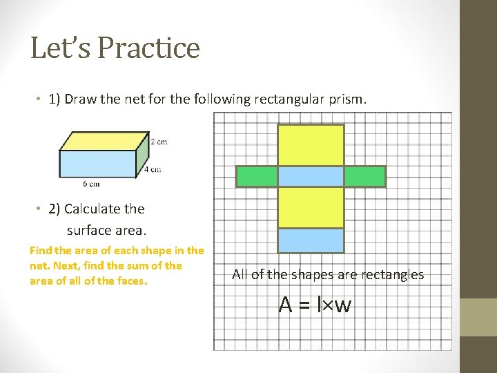 Let’s Practice • 1) Draw the net for the following rectangular prism. • 2)
