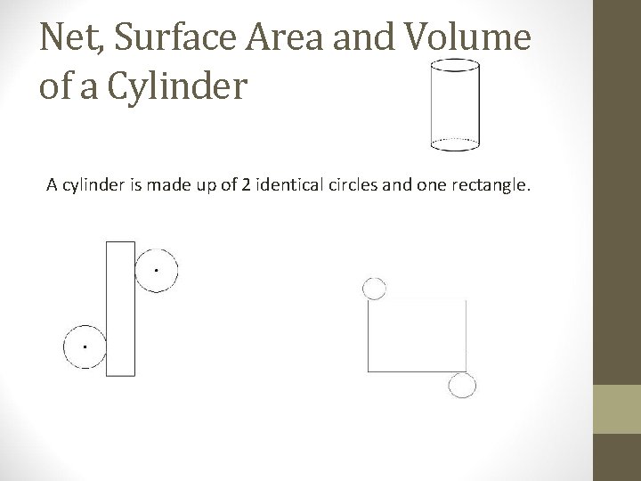 Net, Surface Area and Volume of a Cylinder A cylinder is made up of