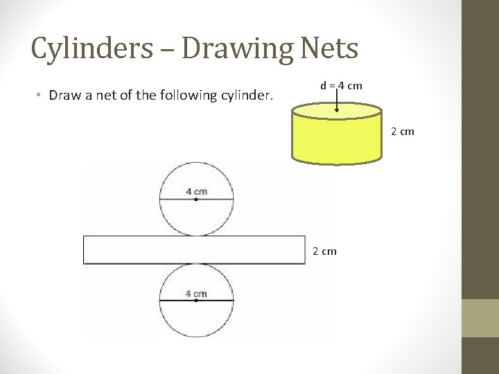 Cylinders – Drawing Nets • Draw a net of the following cylinder. d =