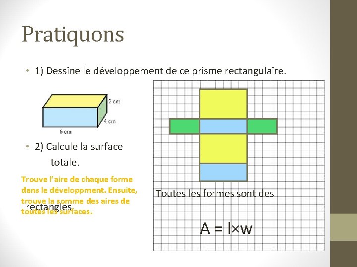Pratiquons • 1) Dessine le développement de ce prisme rectangulaire. rectangular prism. • 2)