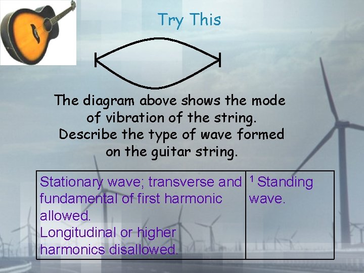 Try This The diagram above shows the mode of vibration of the string. Describe