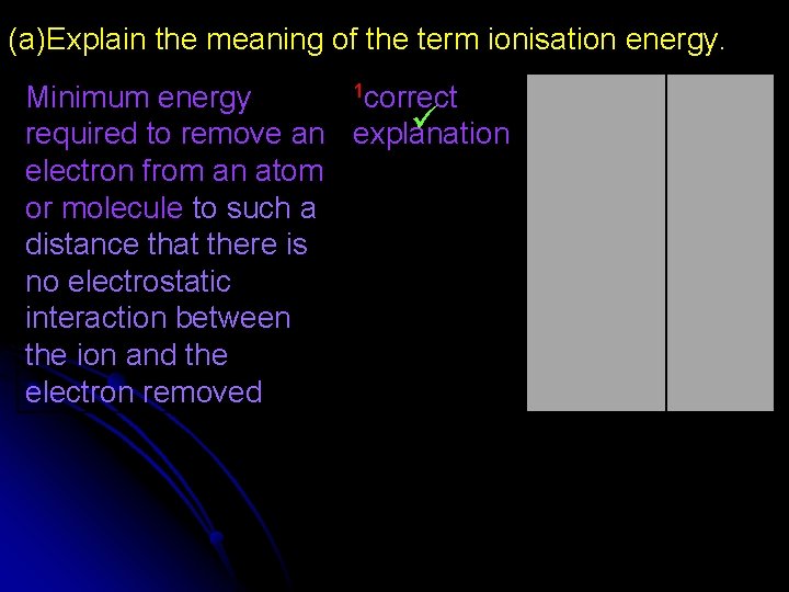 (a)Explain the meaning of the term ionisation energy. 1 correct Minimum energy required to