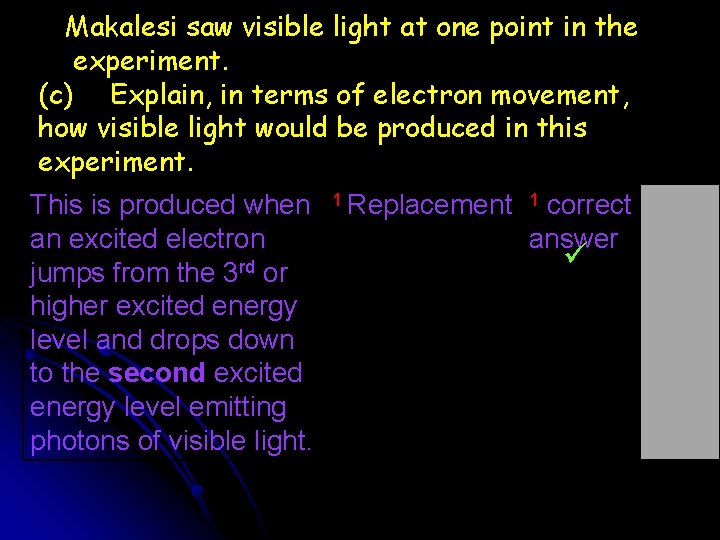 Makalesi saw visible light at one point in the experiment. (c) Explain, in terms