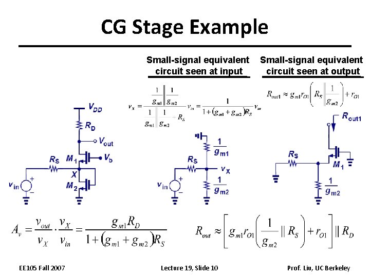 CG Stage Example Small-signal equivalent circuit seen at input EE 105 Fall 2007 Lecture