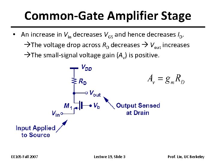 Common-Gate Amplifier Stage • An increase in Vin decreases VGS and hence decreases ID.