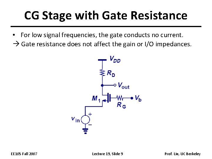 CG Stage with Gate Resistance • For low signal frequencies, the gate conducts no