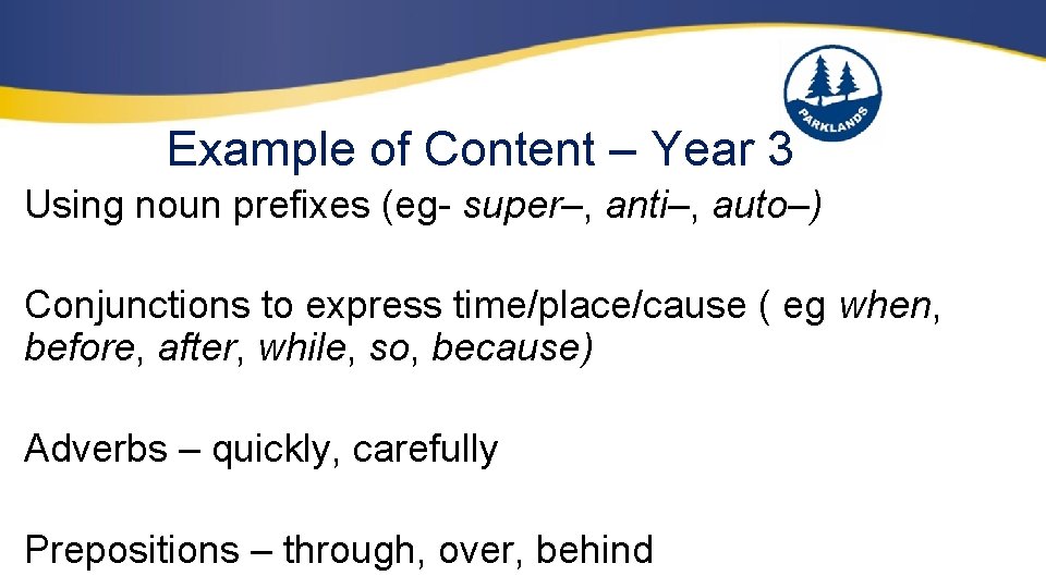 Example of Content – Year 3 Using noun prefixes (eg- super–, anti–, auto–) Conjunctions