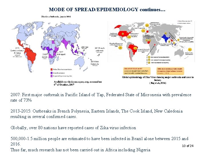 MODE OF SPREAD/EPIDEMIOLOGY continues… 2007: First major outbreak in Pacific Island of Yap, Federated