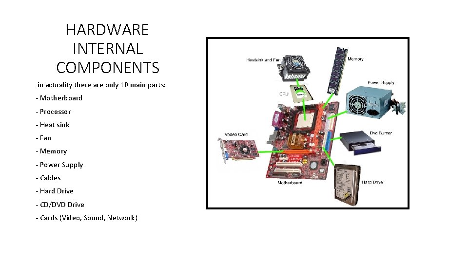 HARDWARE INTERNAL COMPONENTS in actuality there are only 10 main parts: - Motherboard -