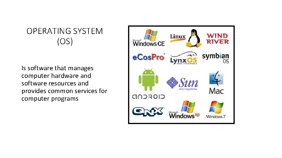 OPERATING SYSTEM (OS) Is software that manages computer hardware and software resources and provides