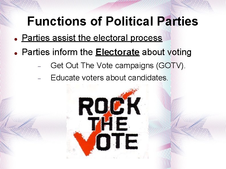 Functions of Political Parties assist the electoral process Parties inform the Electorate about voting