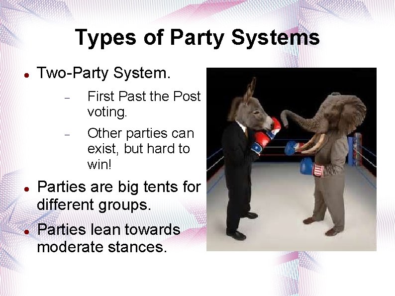 Types of Party Systems Two-Party System. First Past the Post voting. Other parties can