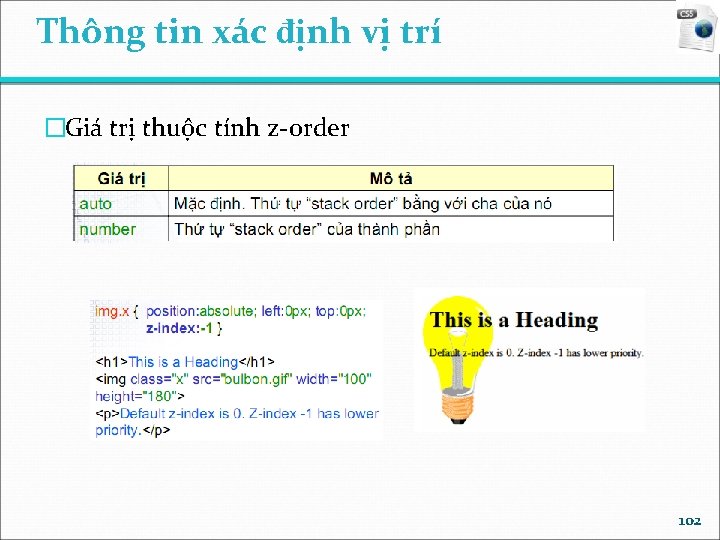 Thông tin xác định vị trí �Giá trị thuộc tính z-order 102 