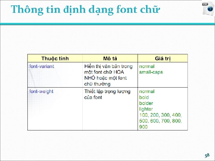 Thông tin định dạng font chữ 58 