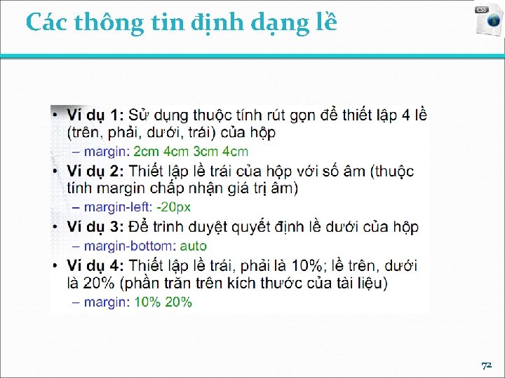 Các thông tin định dạng lề 72 