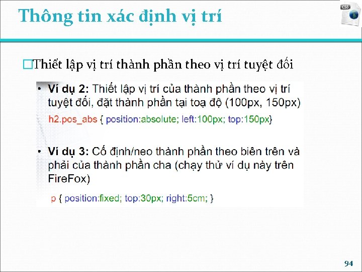 Thông tin xác định vị trí �Thiết lập vị trí thành phần theo vị