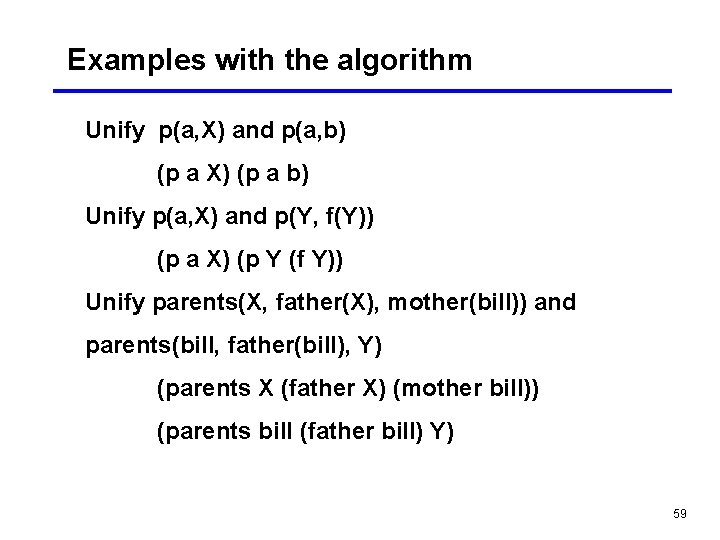 Examples with the algorithm Unify p(a, X) and p(a, b) (p a X) (p