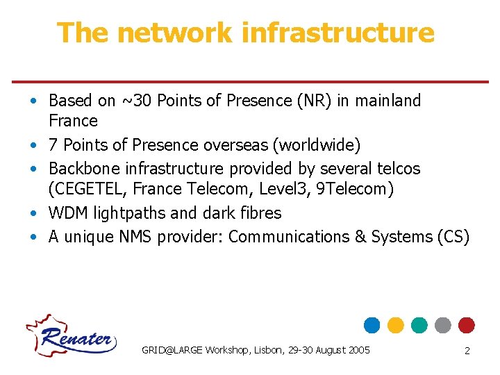 The network infrastructure • Based on ~30 Points of Presence (NR) in mainland France