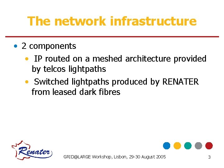 The network infrastructure • 2 components • IP routed on a meshed architecture provided