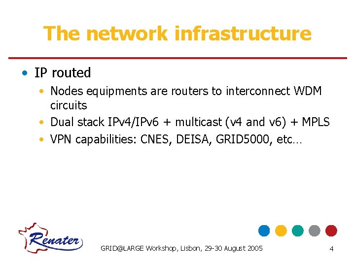 The network infrastructure • IP routed • Nodes equipments are routers to interconnect WDM