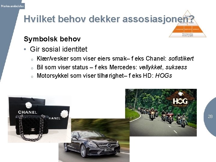 Hvilket behov dekker assosiasjonen? Symbolsk behov • Gir sosial identitet o o o Klær/vesker