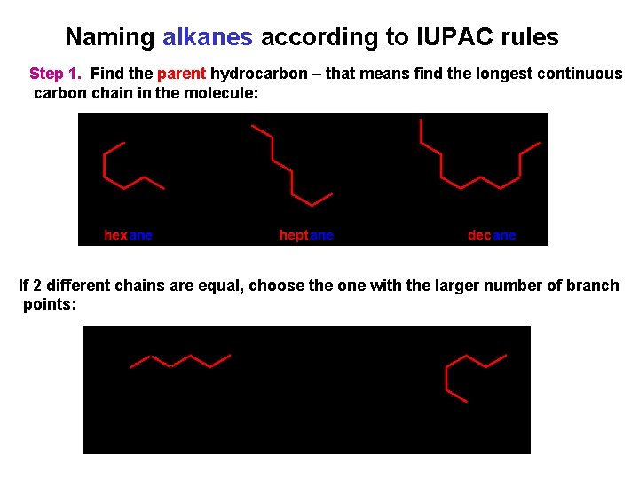 Naming alkanes according to IUPAC rules Step 1. Find the parent hydrocarbon – that