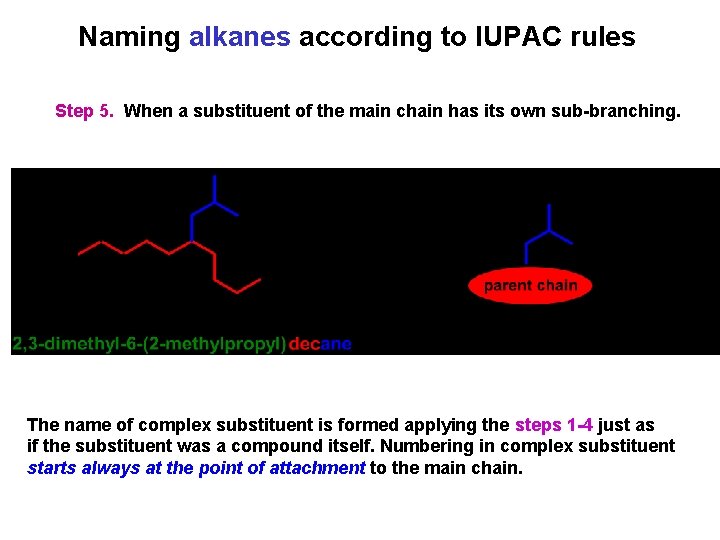 Naming alkanes according to IUPAC rules Step 5. When a substituent of the main