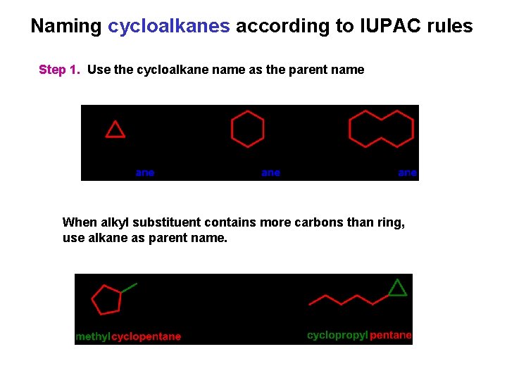 Naming cycloalkanes according to IUPAC rules Step 1. Use the cycloalkane name as the