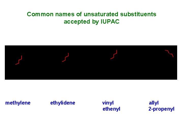 Common names of unsaturated substituents accepted by IUPAC methylene ethylidene vinyl ethenyl allyl 2