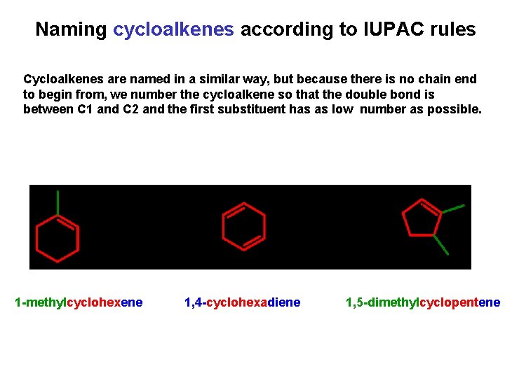 Naming cycloalkenes according to IUPAC rules Cycloalkenes are named in a similar way, but