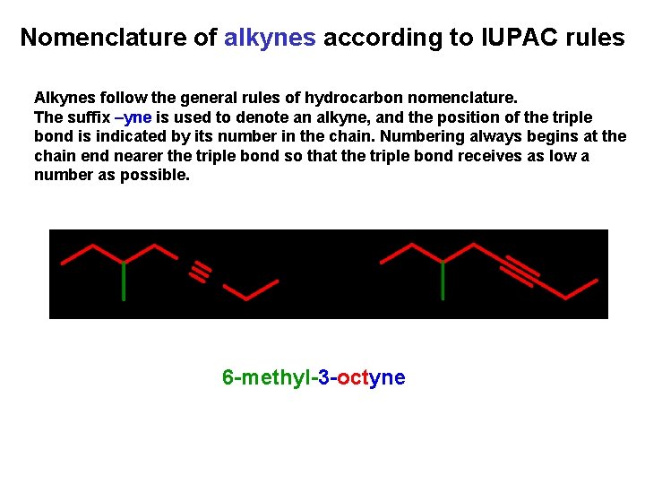 Nomenclature of alkynes according to IUPAC rules Alkynes follow the general rules of hydrocarbon