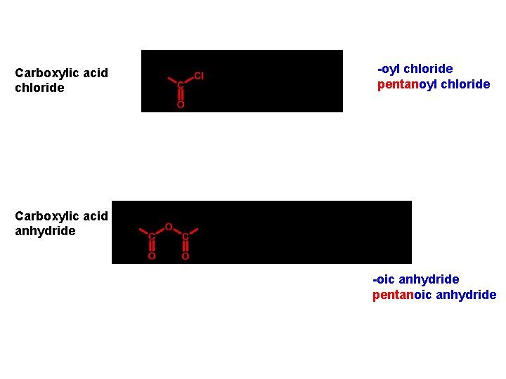 Carboxylic acid chloride -oyl chloride pentanoyl chloride Carboxylic acid anhydride -oic anhydride pentanoic anhydride