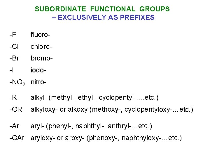 SUBORDINATE FUNCTIONAL GROUPS – EXCLUSIVELY AS PREFIXES -F fluoro- -Cl chloro- -Br bromo- -I