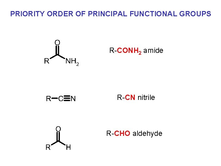 PRIORITY ORDER OF PRINCIPAL FUNCTIONAL GROUPS R-CONH 2 amide R-CN nitrile R-CHO aldehyde 
