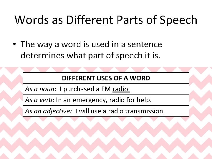 Words as Different Parts of Speech • The way a word is used in