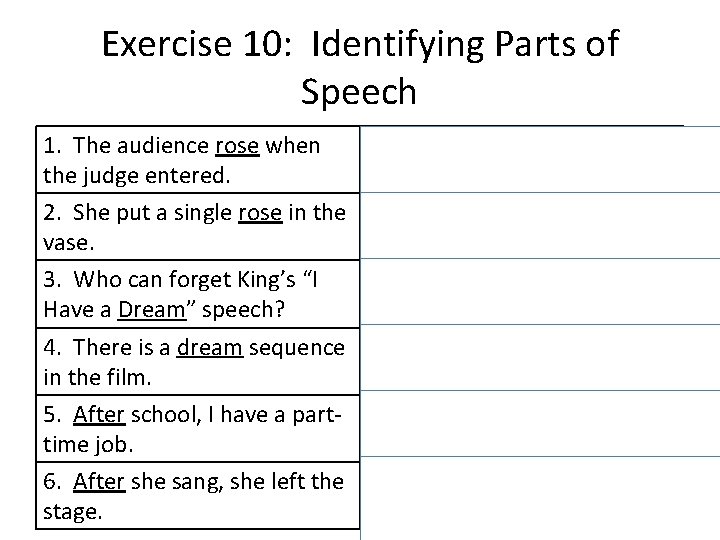 Exercise 10: Identifying Parts of Speech 1. The audience rose when the judge entered.