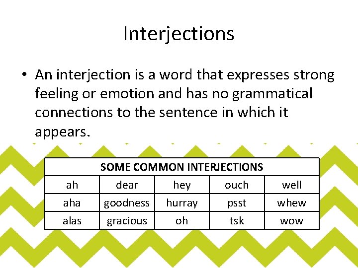 Interjections • An interjection is a word that expresses strong feeling or emotion and