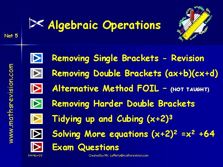 Algebraic Operations Nat 5 www. mathsrevision. com Removing Single Brackets - Revision Removing Double