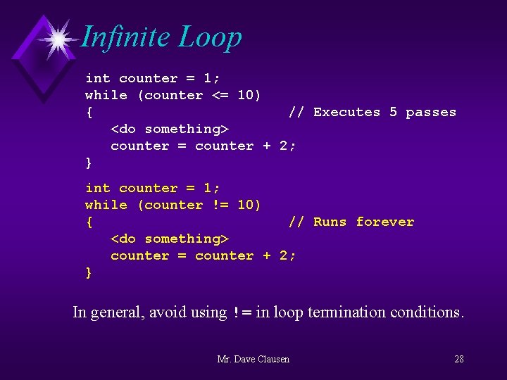 Infinite Loop int counter = 1; while (counter <= 10) { // Executes 5