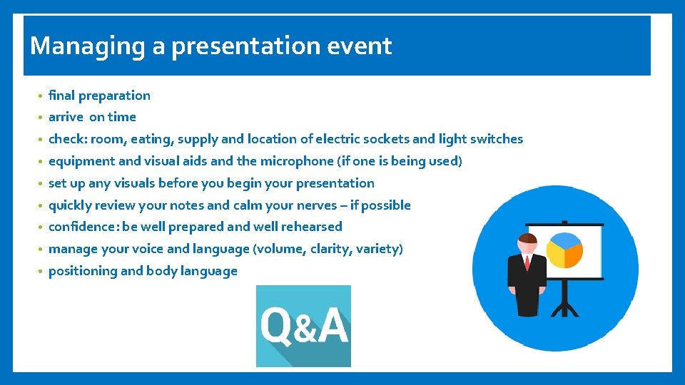 Managing a presentation event • final preparation • arrive on time • check: room,