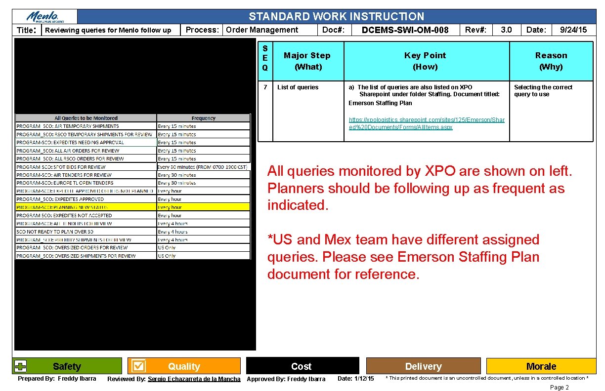 STANDARD WORK INSTRUCTION Title: Reviewing queries for Menlo follow up Process: Order Management S