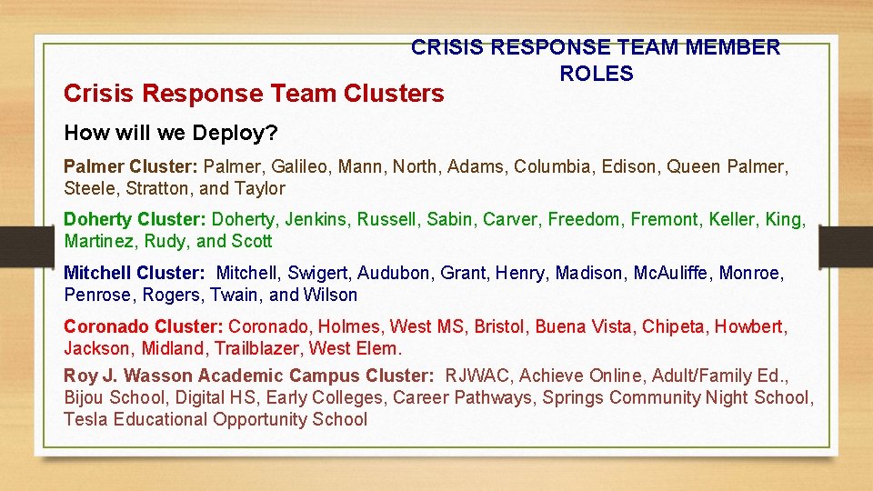 CRISIS RESPONSE TEAM MEMBER ROLES Crisis Response Team Clusters How will we Deploy? Palmer