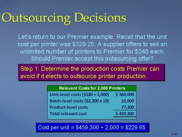 Outsourcing Decisions Let’s return to our Premier example. Recall that the unit cost per