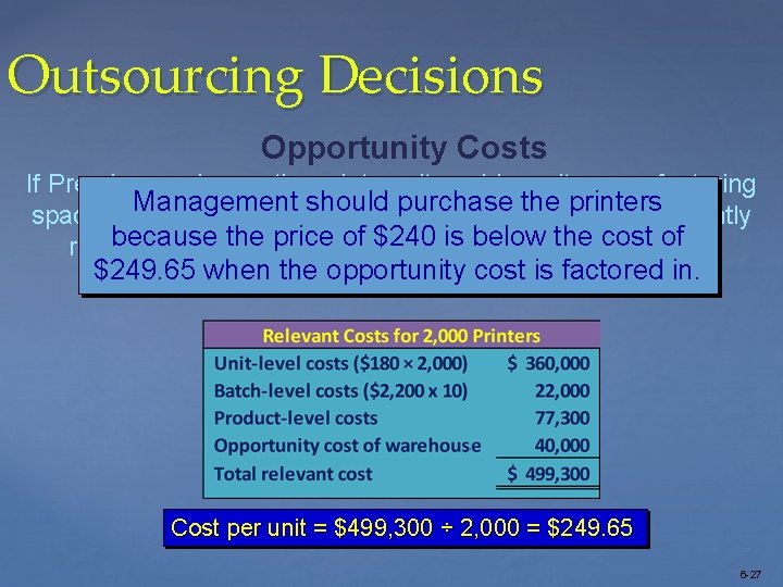 Outsourcing Decisions Opportunity Costs If Premier purchases the printers, it could use its manufacturing