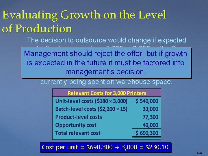 Evaluating Growth on the Level of Production The decision to outsource would change if