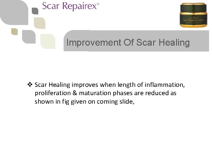 Improvement Of Scar Healing v Scar Healing improves when length of inflammation, proliferation &