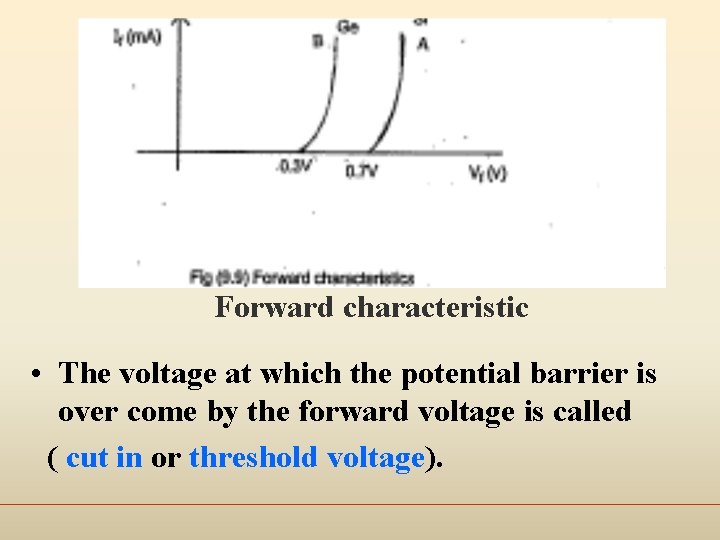 Forward characteristic • The voltage at which the potential barrier is over come by