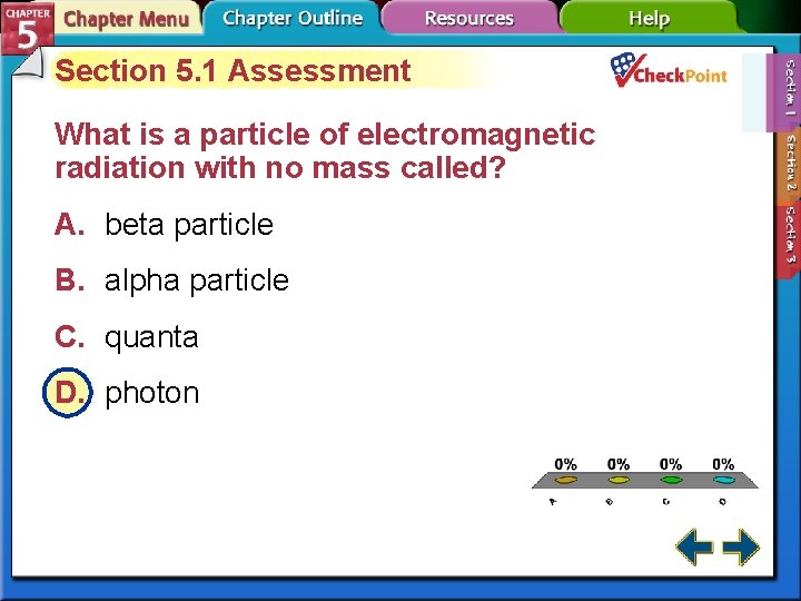 Section 5. 1 Assessment What is a particle of electromagnetic radiation with no mass