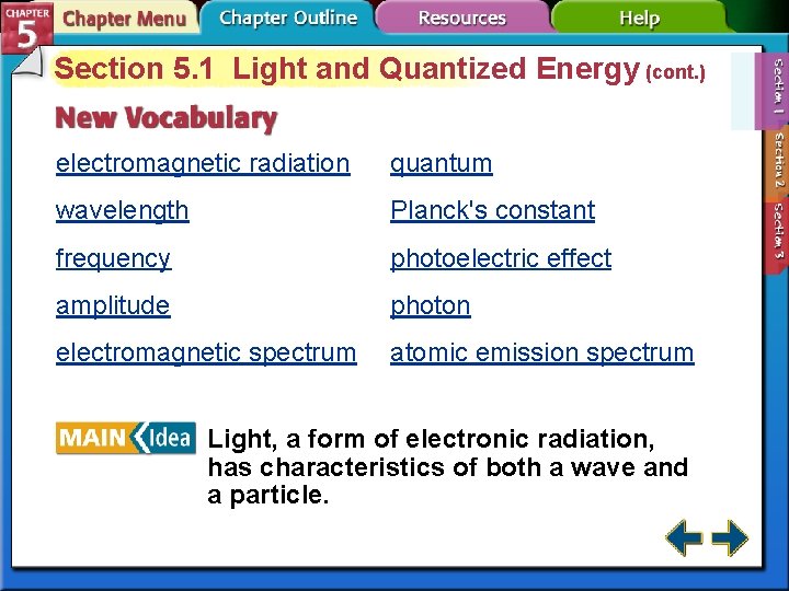 Section 5. 1 Light and Quantized Energy (cont. ) electromagnetic radiation quantum wavelength Planck's