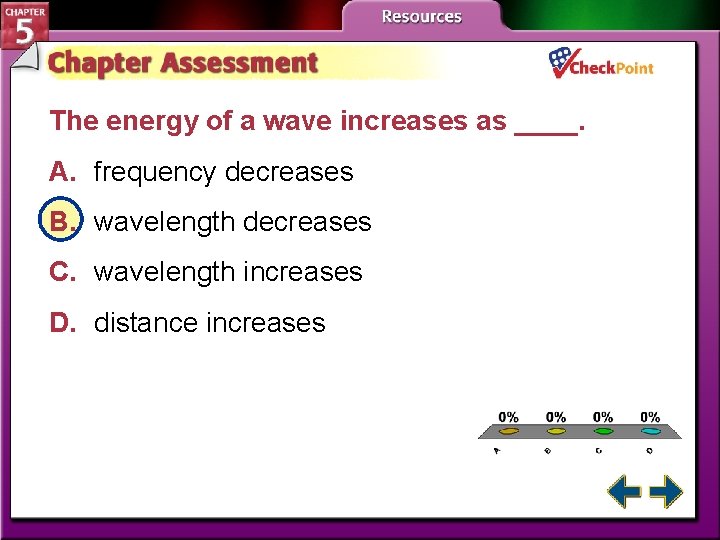 The energy of a wave increases as ____. A. frequency decreases B. wavelength decreases